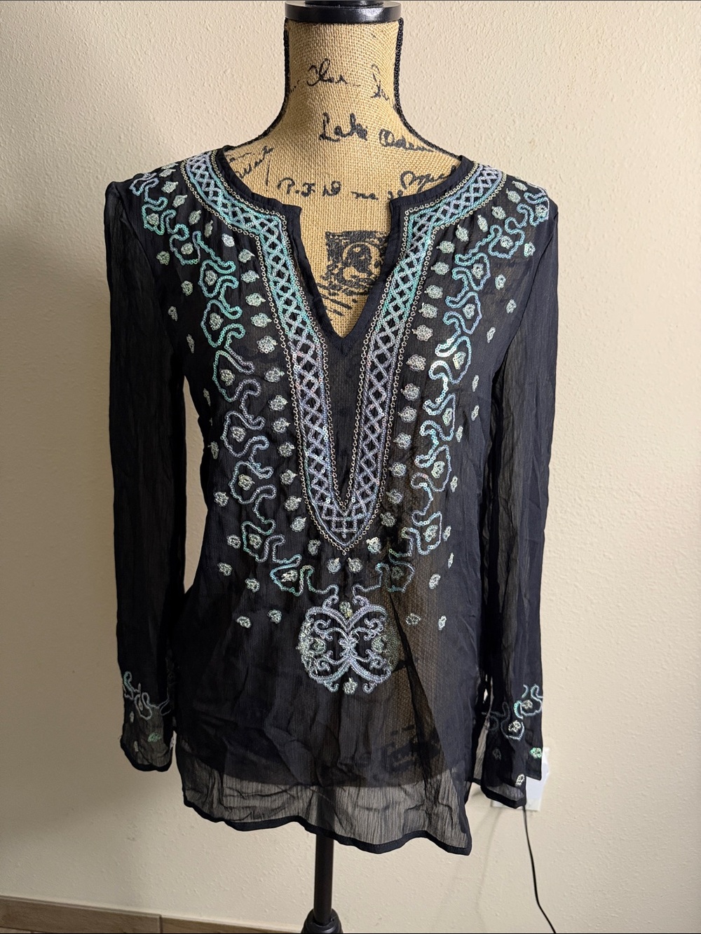 VENUS Boho Sheer Embroidered Cover Up Tunic Top Black Blue Beaded Long Sleeve